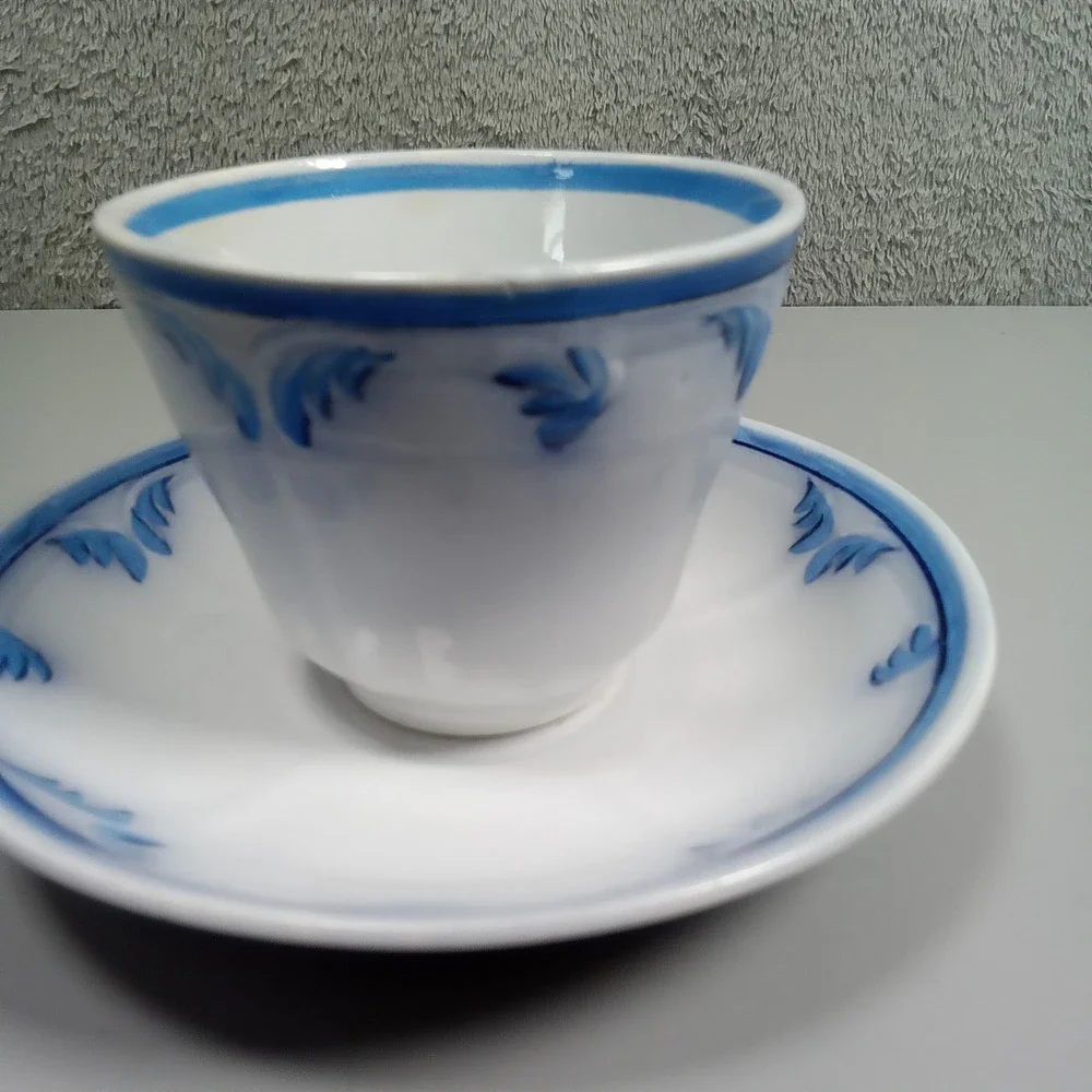 Vintage Bunder B&V Blue and White Hand Painted Ceramic Teacup‎ and Saucer Set